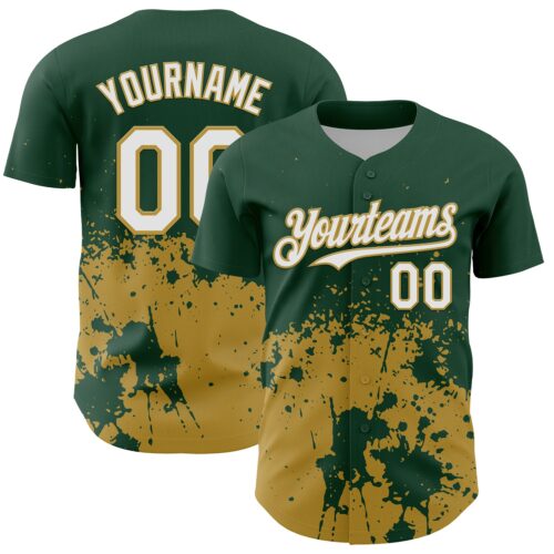 Custom Green White-Old Gold Abstract Splatter Grunge Authentic Baseball Jersey