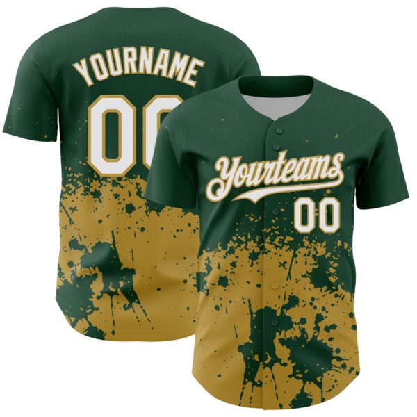 Custom Green White-Old Gold Abstract Splatter Grunge Authentic Baseball Jersey