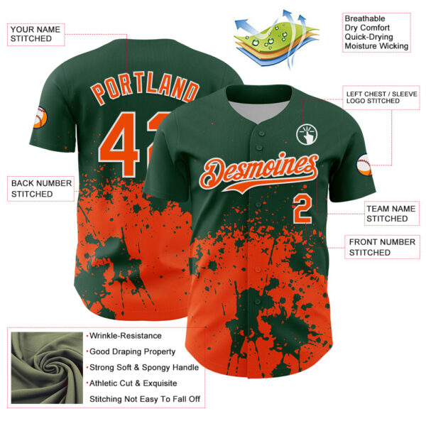 Custom Green Orange-White Abstract Splatter Grunge Authentic Baseball Jersey
