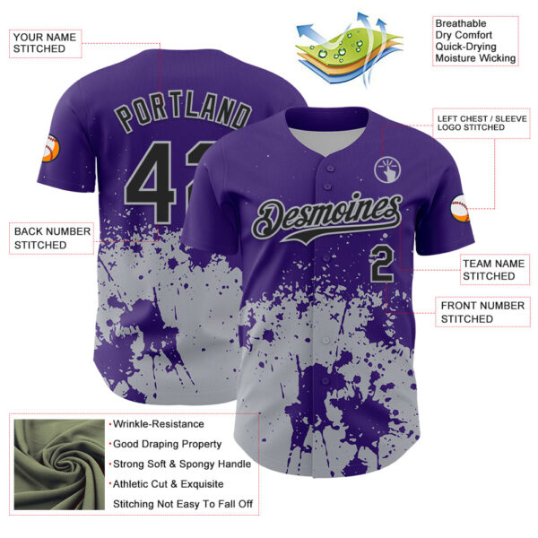 Custom Purple Black-Gray Abstract Splatter Grunge Authentic Baseball Jersey