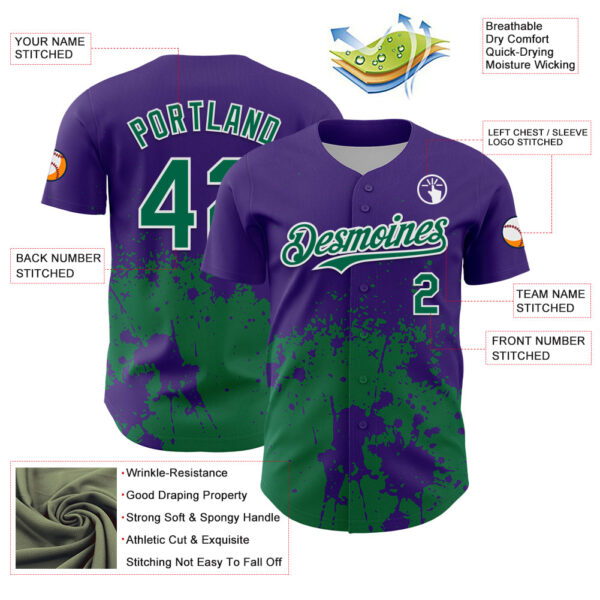 Custom Purple Kelly Green-White Abstract Splatter Grunge Authentic Baseball Jersey