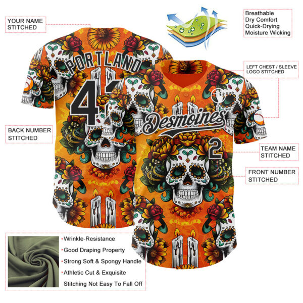 Custom Orange Black-White Sugar Skull Day of the Dead Mexican Folk Art Authentic Baseball Jersey