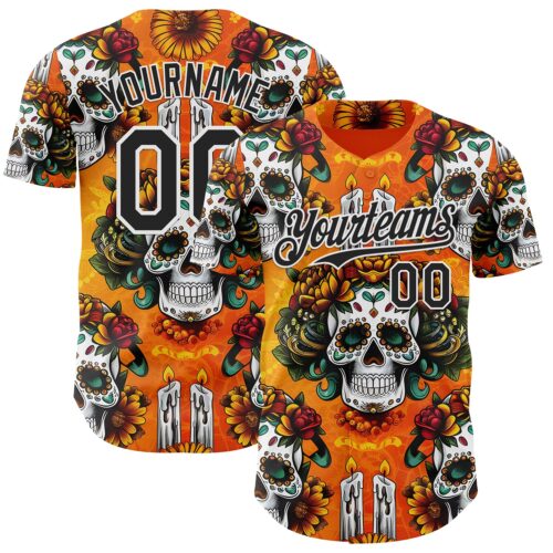 Custom Orange Black-White Sugar Skull Day of the Dead Mexican Folk Art Authentic Baseball Jersey