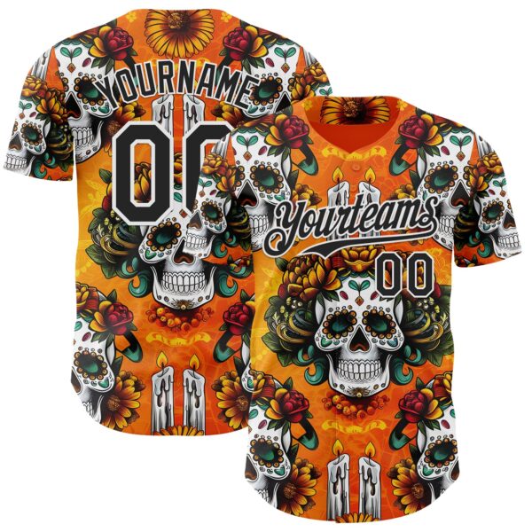 Custom Orange Black-White Sugar Skull Day of the Dead Mexican Folk Art Authentic Baseball Jersey