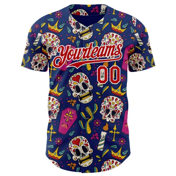 Custom US Navy Blue Red-White Sugar Skull Day of the Dead Mexican Folk Art Authentic Baseball Jersey
