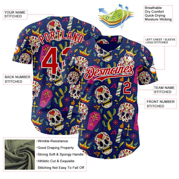 Custom US Navy Blue Red-White Sugar Skull Day of the Dead Mexican Folk Art Authentic Baseball Jersey