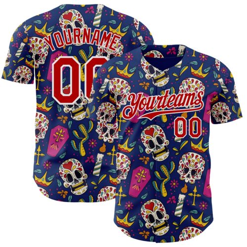 Custom US Navy Blue Red-White Sugar Skull Day of the Dead Mexican Folk Art Authentic Baseball Jersey
