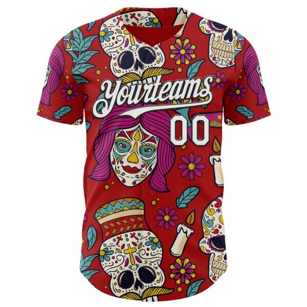 Custom Red White-Black Sugar Skull Day of the Dead Mexican Folk Art Authentic Baseball Jersey