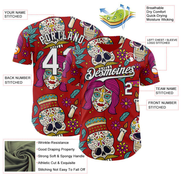 Custom Red White-Black Sugar Skull Day of the Dead Mexican Folk Art Authentic Baseball Jersey