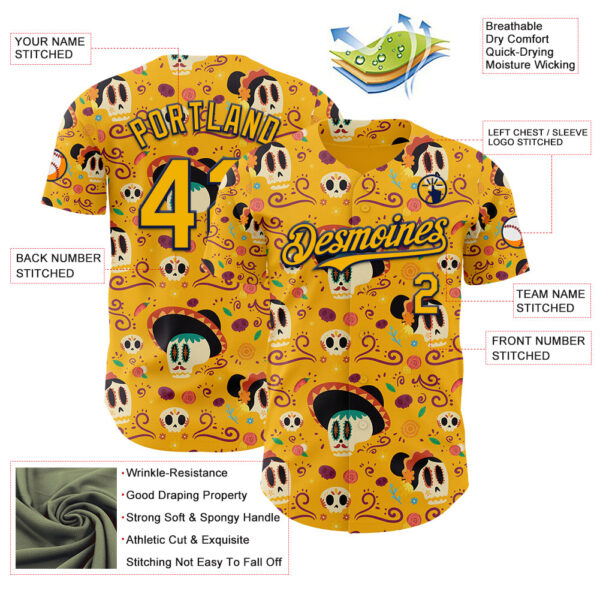 Custom Gold Navy Sugar Skull Day of the Dead Mexican Folk Art Authentic Baseball Jersey