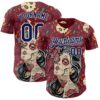 Custom Burgundy Navy-White Sugar Skull Day of the Dead Mexican Folk Art Authentic Baseball Jersey