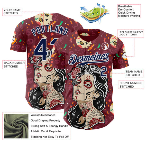 Custom Burgundy Navy-White Sugar Skull Day of the Dead Mexican Folk Art Authentic Baseball Jersey