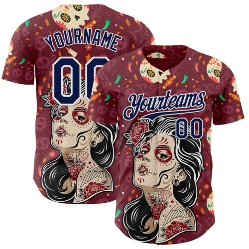 Custom Burgundy Navy-White Sugar Skull Day of the Dead Mexican Folk Art Authentic Baseball Jersey