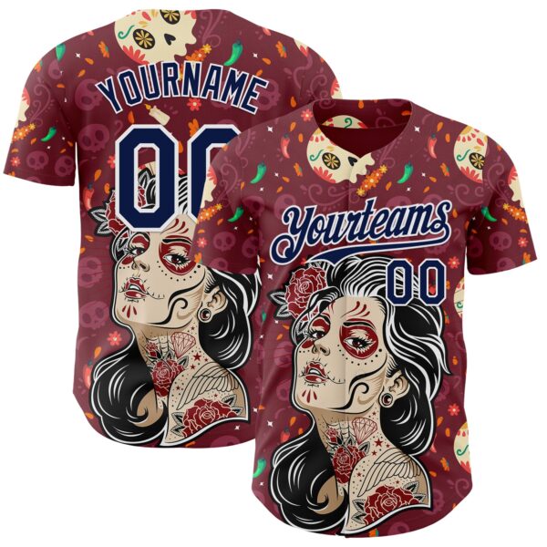 Custom Burgundy Navy-White Sugar Skull Day of the Dead Mexican Folk Art Authentic Baseball Jersey