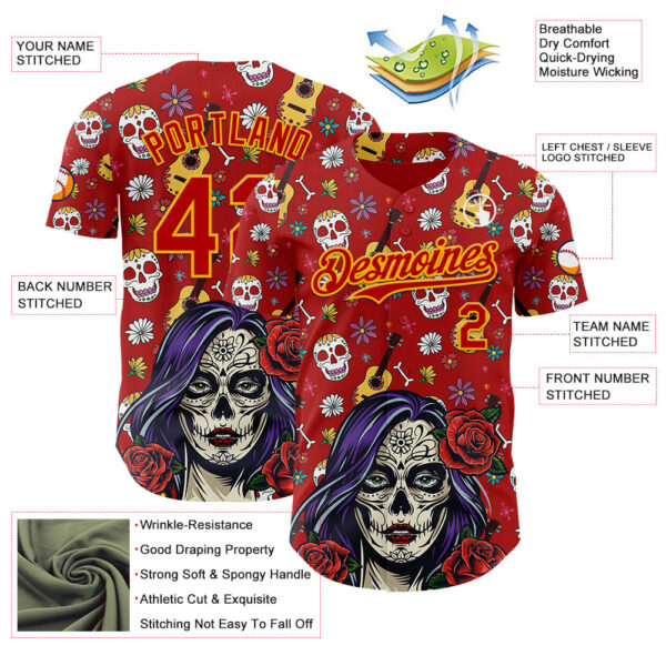 Custom Red Gold Sugar Skull Day of the Dead Mexican Folk Art Authentic Baseball Jersey