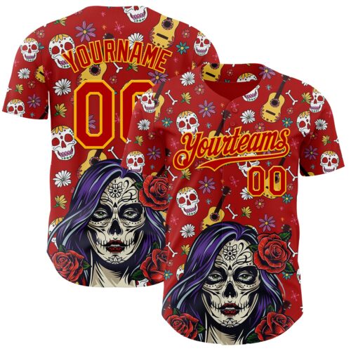 Custom Red Gold Sugar Skull Day of the Dead Mexican Folk Art Authentic Baseball Jersey