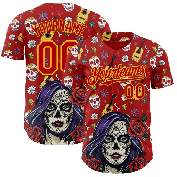Custom Red Gold Sugar Skull Day of the Dead Mexican Folk Art Authentic Baseball Jersey
