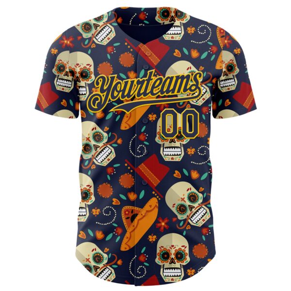 Custom Navy Gold Sugar Skull Day of the Dead Mexican Folk Art Authentic Baseball Jersey