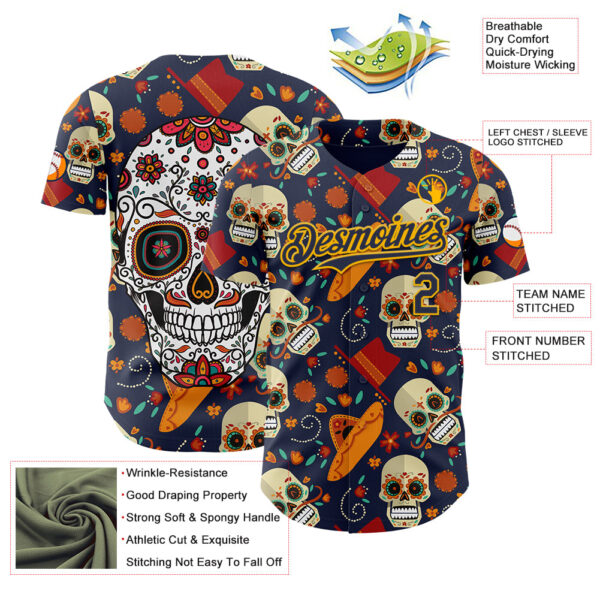 Custom Navy Gold Sugar Skull Day of the Dead Mexican Folk Art Authentic Baseball Jersey