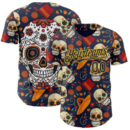 Custom Navy Gold Sugar Skull Day of the Dead Mexican Folk Art Authentic Baseball Jersey