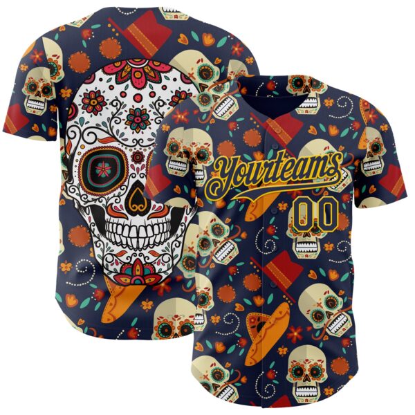 Custom Navy Gold Sugar Skull Day of the Dead Mexican Folk Art Authentic Baseball Jersey