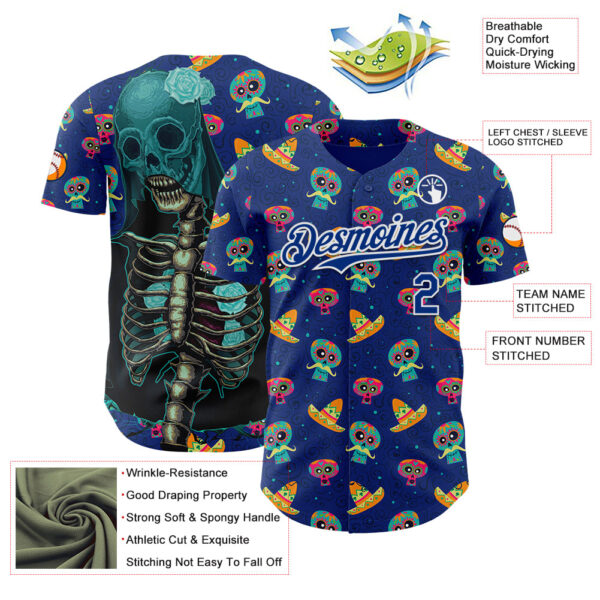 Custom Royal White Sugar Skull Day of the Dead Mexican Folk Art Authentic Baseball Jersey