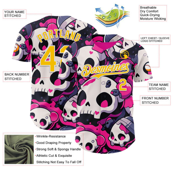 Custom Black Yellow Hot Pink-White Sugar Skull Day of the Dead Mexican Folk Art Authentic Baseball Jersey