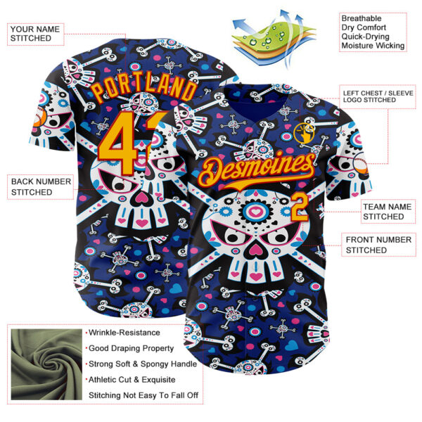Custom Royal Gold-Red Sugar Skull Day of the Dead Mexican Folk Art Authentic Baseball Jersey