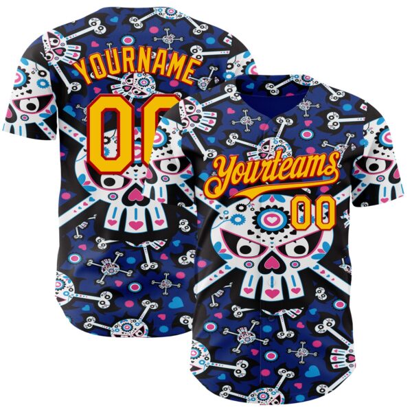 Custom Royal Gold-Red Sugar Skull Day of the Dead Mexican Folk Art Authentic Baseball Jersey