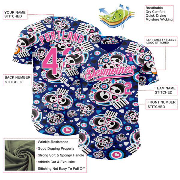 Custom Royal Pink-White Sugar Skull Day of the Dead Mexican Folk Art Authentic Baseball Jersey