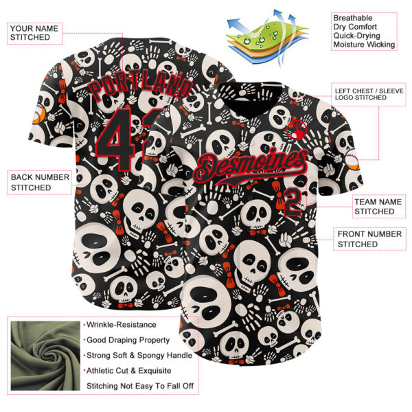 Custom Black Fire Red Sugar Skull Day of the Dead Mexican Folk Art Authentic Baseball Jersey