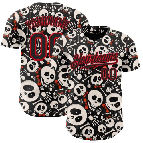 Custom Black Fire Red Sugar Skull Day of the Dead Mexican Folk Art Authentic Baseball Jersey