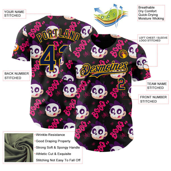 Custom Black Navy Hot Pink-Gold Sugar Skull Day of the Dead Mexican Folk Art Authentic Baseball Jersey