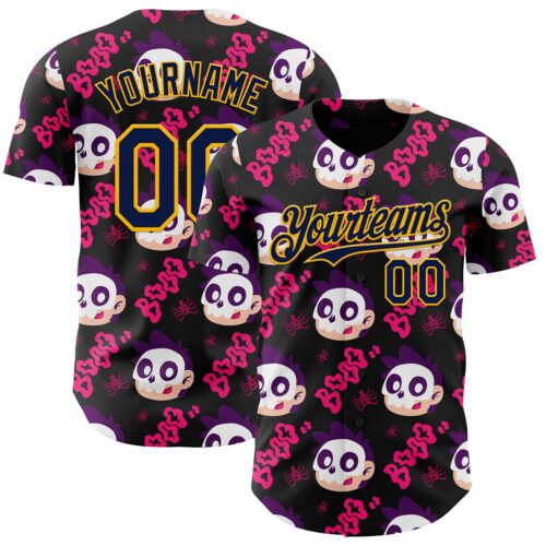 Custom Black Navy Hot Pink-Gold Sugar Skull Day of the Dead Mexican Folk Art Authentic Baseball Jersey