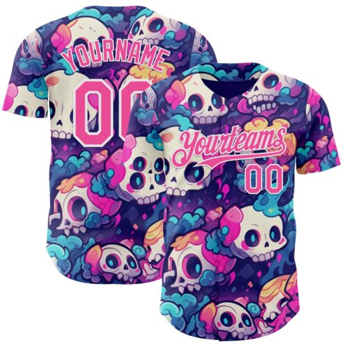 Custom Purple Pink-White Sugar Skull Day of the Dead Mexican Folk Art Authentic Baseball Jersey
