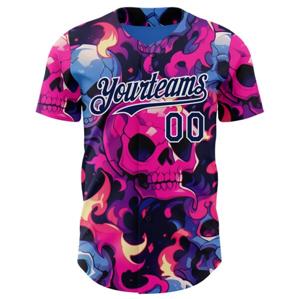 Custom Black Navy Hot Pink Blue-White Sugar Skull Day of the Dead Mexican Folk Art Authentic Baseball Jersey
