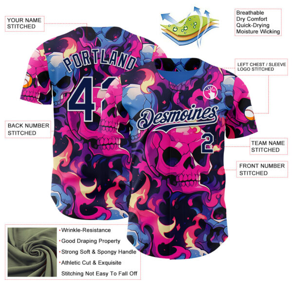 Custom Black Navy Hot Pink Blue-White Sugar Skull Day of the Dead Mexican Folk Art Authentic Baseball Jersey