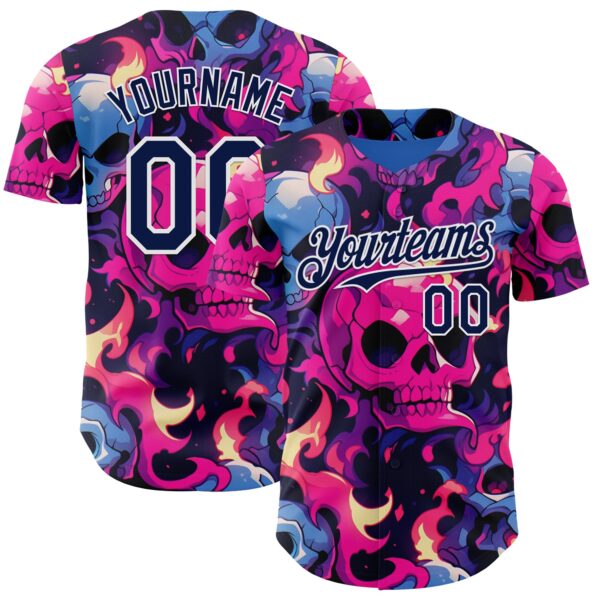 Custom Black Navy Hot Pink Blue-White Sugar Skull Day of the Dead Mexican Folk Art Authentic Baseball Jersey