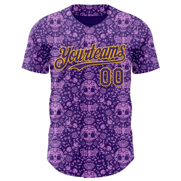 Custom Purple Gold Sugar Skull Day of the Dead Mexican Folk Art Authentic Baseball Jersey