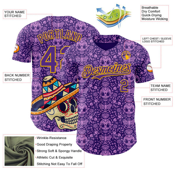Custom Purple Gold Sugar Skull Day of the Dead Mexican Folk Art Authentic Baseball Jersey