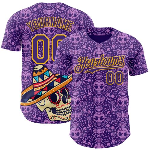 Custom Purple Gold Sugar Skull Day of the Dead Mexican Folk Art Authentic Baseball Jersey