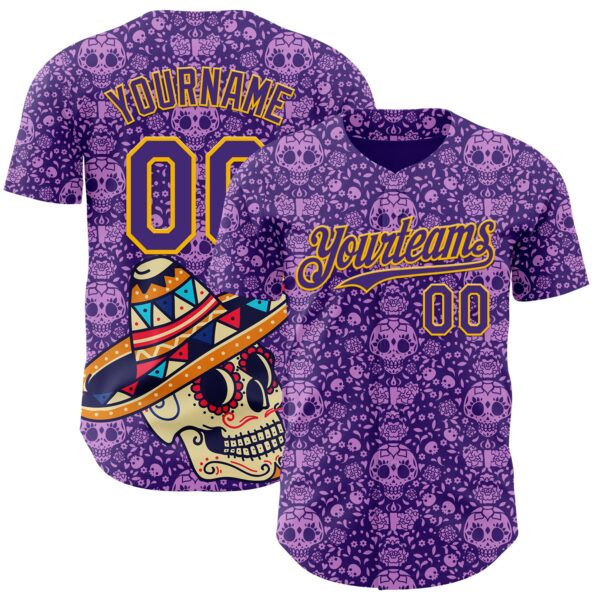 Custom Purple Gold Sugar Skull Day of the Dead Mexican Folk Art Authentic Baseball Jersey