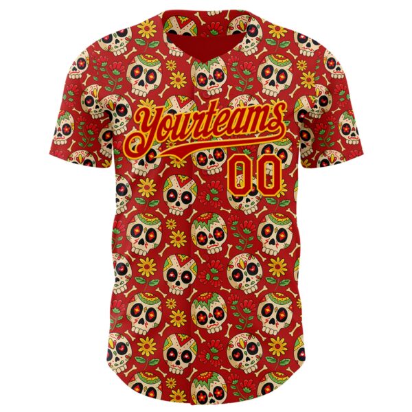 Custom Red Yellow Sugar Skull Day of the Dead Mexican Folk Art Authentic Baseball Jersey
