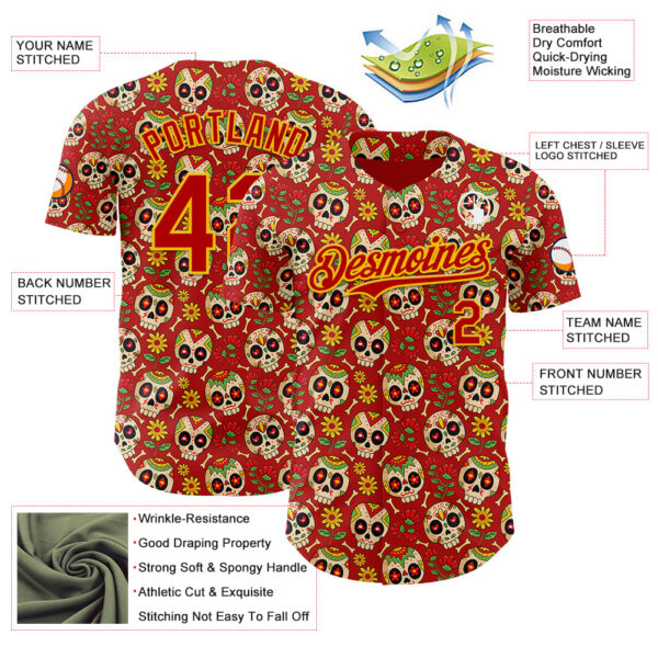 Custom Red Yellow Sugar Skull Day of the Dead Mexican Folk Art Authentic Baseball Jersey