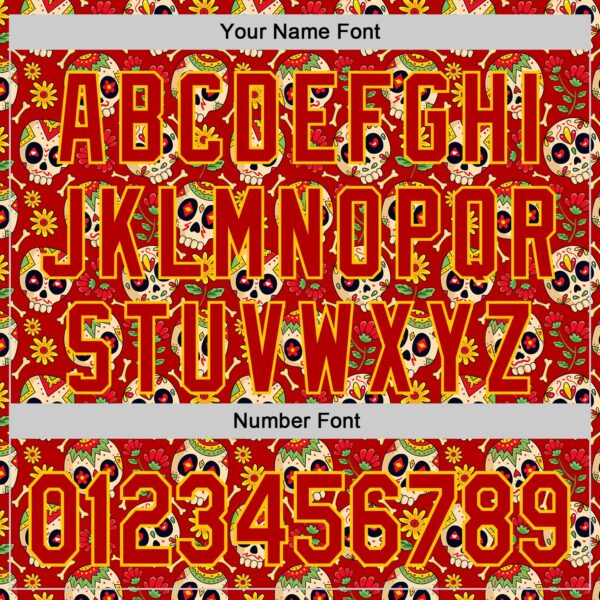 Custom Red Yellow Sugar Skull Day of the Dead Mexican Folk Art Authentic Baseball Jersey