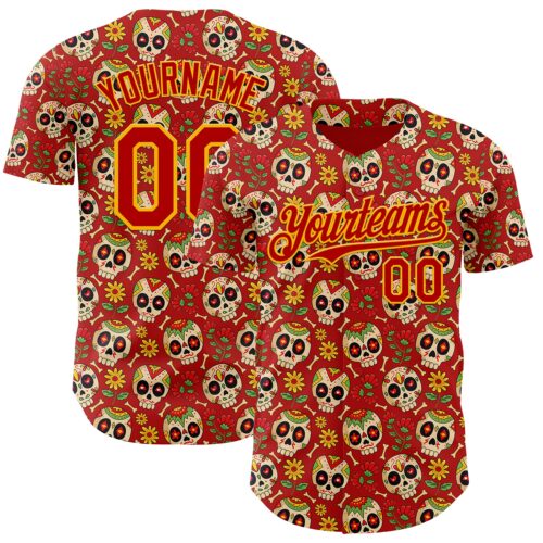Custom Red Yellow Sugar Skull Day of the Dead Mexican Folk Art Authentic Baseball Jersey