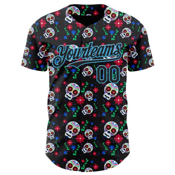 Custom Black Sky Blue Sugar Skull Day of the Dead Mexican Folk Art Authentic Baseball Jersey