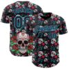 Custom Black Sky Blue Sugar Skull Day of the Dead Mexican Folk Art Authentic Baseball Jersey