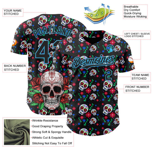 Custom Black Sky Blue Sugar Skull Day of the Dead Mexican Folk Art Authentic Baseball Jersey