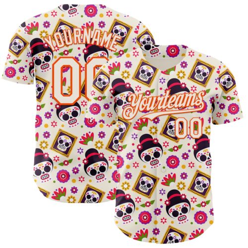 Custom Cream Orange Sugar Skull Day of the Dead Mexican Folk Art Authentic Baseball Jersey